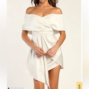 Lulu’s Always Celebrating ivory satin off the shoulder mini dress